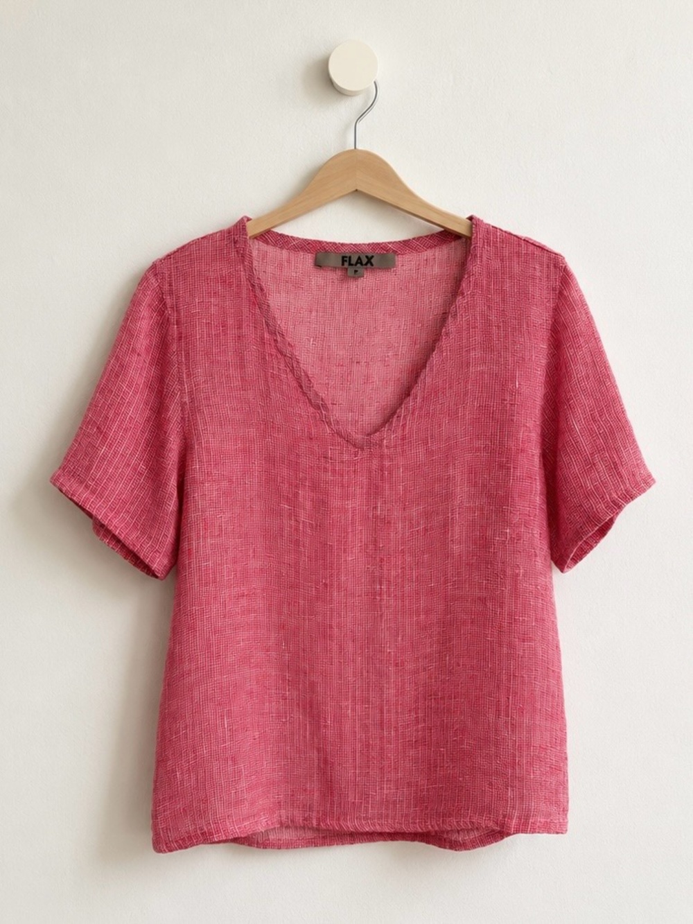 Flax Coral Pink V-Neck Short Sleeve Linen-Blend Top